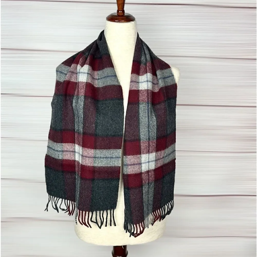Vintage Merino Wool Gray Burgundy Plaid Scarf made in West Germany